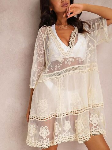 Moss Rose Women's Lace Bathing Suit Cover Up V-Neck Coverups Swimwear Swimsuit Swim Beach Dress Beachwear in Saudi Arabia