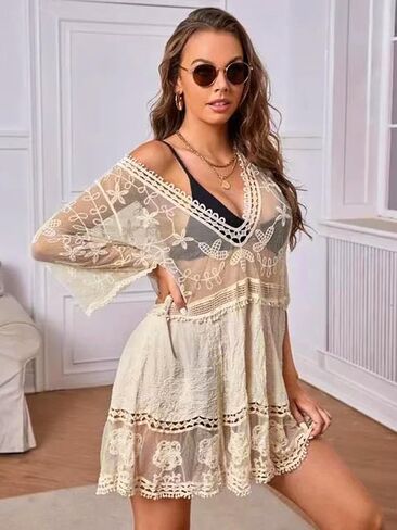 Moss Rose Women's Lace Bathing Suit Cover Up V-Neck Coverups Swimwear Swimsuit Swim Beach Dress Beachwear in Saudi Arabia