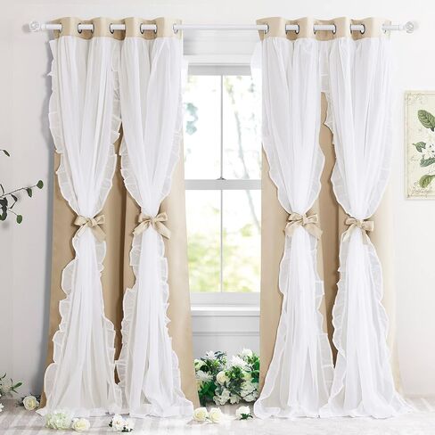 PONY DANCE Girls Curtains for Bedroom Decorative Drapes for Kids Double Layer Curtain Ruffle Sheer Overlay Room Darkening Pretty Chic Princess, 52x84 inch, Black, 2 PCs in Saudi Arabia