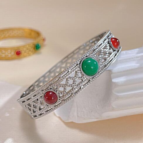 Fashion Vintate Natural Turquoise Stone Bracelet Stainless Steel Hollow Out Cuff Bracelet in Saudi Arabia