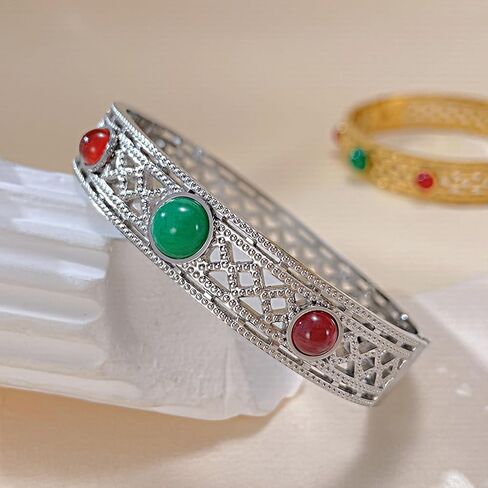 Fashion Vintate Natural Turquoise Stone Bracelet Stainless Steel Hollow Out Cuff Bracelet in Saudi Arabia