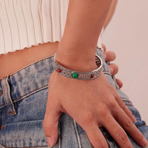 Fashion Vintate Natural Turquoise Stone Bracelet Stainless Steel Hollow Out Cuff Bracelet in Saudi Arabia