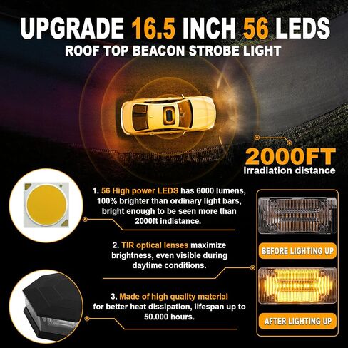 ASPL 16.5 Inch Roof Top Beacon Emergency Strobe Light 56 LED Magnetic Warning Caution lights bar Traffic Hazard Plow Light for Trucks Vehicles Construction Snowplow (Amber) in Saudi Arabia