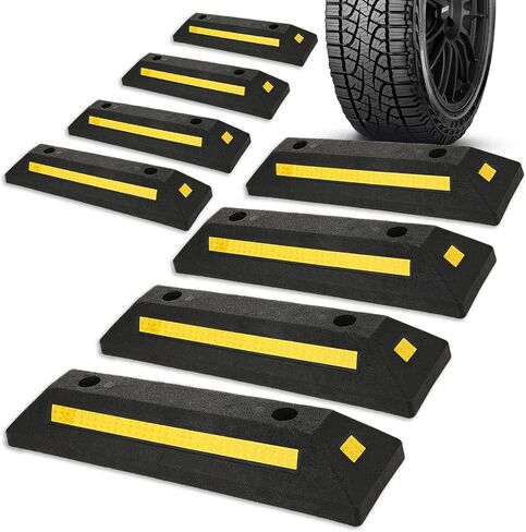 8 Pack Parking Stoppers Garage Car Parking Block Heavy Duty Rubber Tire Curb Bumper Vehicle Wheel Stopping with Yellow Reflective Stripes 16 Expansion Screw Bolts for Car Garage Guide Stop Aid in Saudi Arabia