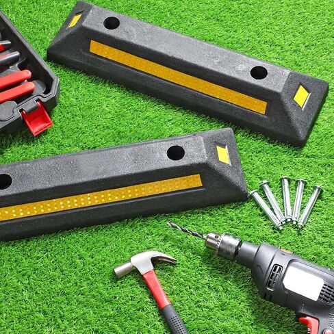 8 Pack Parking Stoppers Garage Car Parking Block Heavy Duty Rubber Tire Curb Bumper Vehicle Wheel Stopping with Yellow Reflective Stripes 16 Expansion Screw Bolts for Car Garage Guide Stop Aid in Saudi Arabia