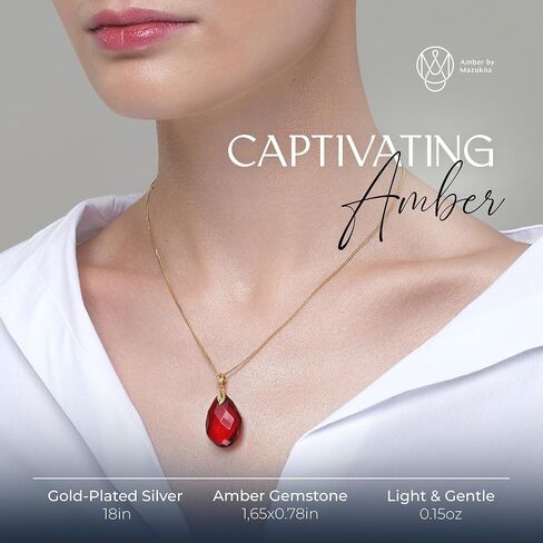 Red Amber Pendant Necklace for Women, Gold Plated Sterling Silver 925 Chain, Polished Gemstone Pendant, Dainty Womens Jewelry in Saudi Arabia