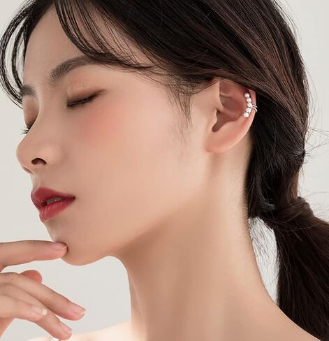Reffeer Solid 925 Sterling Silver Pearl Cuff Earrings Clip Ons for Women Pearl Wrap Earrings Climber in Saudi Arabia