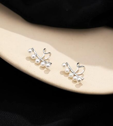 Reffeer Solid 925 Sterling Silver Pearl Cuff Earrings Clip Ons for Women Pearl Wrap Earrings Climber in Saudi Arabia