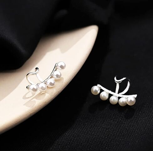 Reffeer Solid 925 Sterling Silver Pearl Cuff Earrings Clip Ons for Women Pearl Wrap Earrings Climber in Saudi Arabia