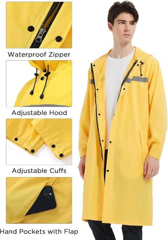 Mens Long Safety Rain Coats with Air Vents Reflective Stripes Waterproof Packable Rain Jacket with Hood Lightweight in Saudi Arabia