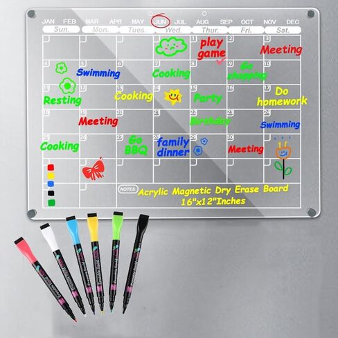 Acrylic Magnetic Calendar for Fridge,2 Set Fridge Calendar Dry Erase Board,Clear Reusable Refrigerator Calendar,Whiteboard Planner Includes 6 Color Magnetic Markers(16"x12"Inches) in Saudi Arabia