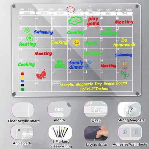 Acrylic Magnetic Calendar for Fridge,2 Set Fridge Calendar Dry Erase Board,Clear Reusable Refrigerator Calendar,Whiteboard Planner Includes 6 Color Magnetic Markers(16"x12"Inches) in Saudi Arabia
