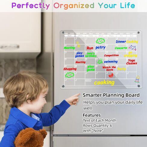 Acrylic Magnetic Calendar for Fridge,2 Set Fridge Calendar Dry Erase Board,Clear Reusable Refrigerator Calendar,Whiteboard Planner Includes 6 Color Magnetic Markers(16"x12"Inches) in Saudi Arabia