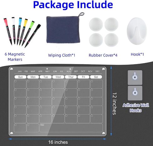 Acrylic Magnetic Calendar for Fridge,2 Set Fridge Calendar Dry Erase Board,Clear Reusable Refrigerator Calendar,Whiteboard Planner Includes 6 Color Magnetic Markers(16"x12"Inches) in Saudi Arabia