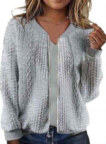 Women's Zip Up Cardigan Sweater Cable Hoodies Long Sleeve Jacket Outfits Crewneck Casual Coat in Saudi Arabia