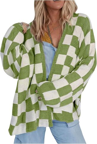 SOLY HUX Women's Long Sleeve Oversized Sweater Checkered Cardigan Open Front Outerwear Tops in Saudi Arabia