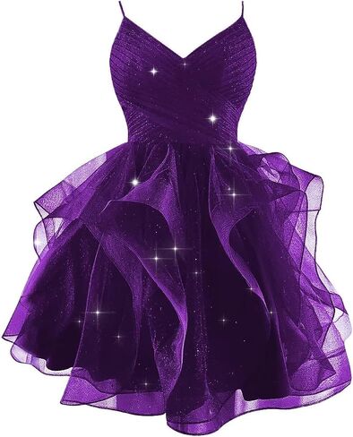 Sparkly Tulle Homecoming Dresses for Teens Spaghetti Strap Tiered Short Prom Dress V Neck Cocktail Party Gown in Saudi Arabia