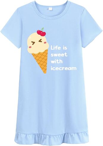 Little Hand Kids Girls Nightgown Night Dress Summer Sleep Dress Cute Cartoon Prints Cat Icecream Elephant Pajama in Saudi Arabia