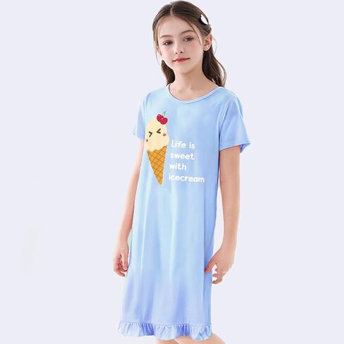 Little Hand Kids Girls Nightgown Night Dress Summer Sleep Dress Cute Cartoon Prints Cat Icecream Elephant Pajama in Saudi Arabia