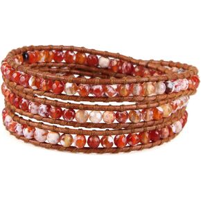ابتكرت KELITCH خرز العقيق الناري على الجلد الطبيعي 3 سوار ملفوف مصنوع يدويًا مجوهرات صيفية ساحرة جديدة in Kuwait