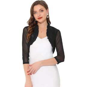 Allegra K Ruffle Shrugs for Women's 3/4 Sleeves Open Front Mesh Evening Formal Bolero