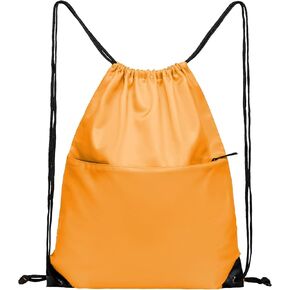 Drawstring Backpack, 210D Nylon Foldable Sports Gym Drawstring Tote Bag pack Sack W Zipper Side Pocket For Men Women Brown