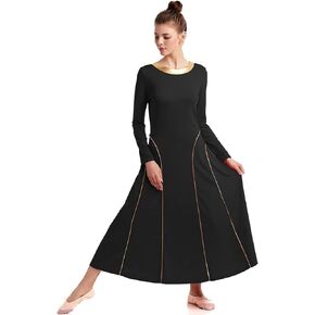 MYRISAM Adults Women Seamed Praise Robe Worship Dance Dress Long Sleeve Gold Metallic Liturgical Full Length Dancewear