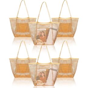 6 Pieces Mesh Beach Tote Bag for Women Summer Waterproof Pool Bag Mesh Beach Bags Waterproof Sandproof Shoulder Bag for Beach Travel Vacation Shopping Picnic Swimming, Khaki, One Size in Kuwait