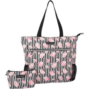 Betsey Johnson 15.6 Inch Zipper Beach Tote Bag Lightweight Large Durable Polyester with Mesh Side Pockets for Gym Work, Stripe Roses