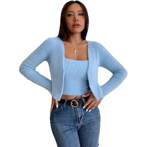 Verdusa Women's Fuzzy Knit Cami Top with LongSleeve Crop Cardigan Shrug 2 Piece Outfits