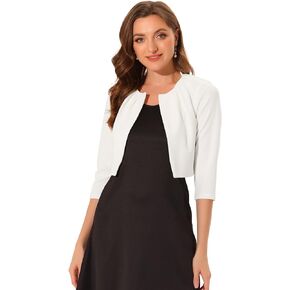 Allegra K 3/4 Sleeve Shrug Top for Women's Collarless Pleated Open Front Cropped Cardigan