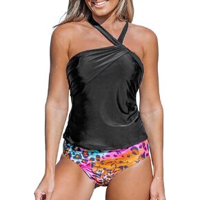 CUPSHE Women's Tankini Set Two Piece Swimsuit High Waisted Crisscross Back Tie Asymmetric Straps Ruched