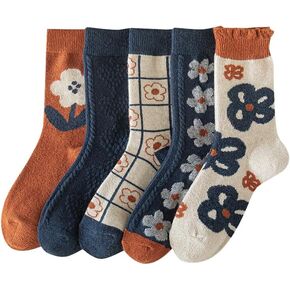 FORJMMP 5/10 Pairs Wool Socks for Women Thick Knit Vintage Cute Floral Crew Socks