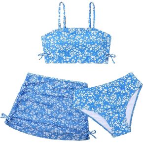 Verdusa Girl's 3 Piece Floral Print Tie Knot Bikini Sets Swimsuit with Beach Skirt
