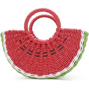 QTKJ Semi-circle Rattan Watermelon Straw Handbags, Hand-woven Summer Fruit Shape Beach Straw Bag with Round Handle for Women (Red Watermelon)
