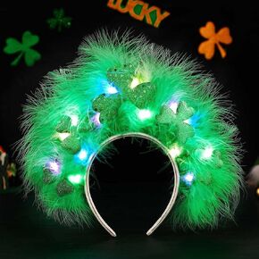 Catery St Patrick's Day Headband Led Green Shamrock Hairband Light up Feathers Irish Headwear Saint Patricks Party Hair Accessories for Women and Girls