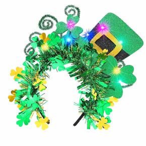 JONKY St Patricks Day Headband Light Up Green Hat Headbands Irish Headwear Glow Shamrock Headpiece Saint Patricks Day Hair Aaccessories for Women and Girls