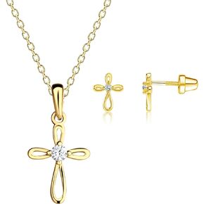 Cherished Moments 14K Gold-Plated Infinity Cross Necklace and Earring Set for First Communion Gift