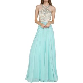 Meier Women's Long White Beaded Halter Racer Back Prom Dress