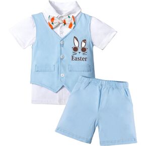 WIQI Baby Boy Easter Outfit, 12m-4t Short Sleeve Shirt +Light Blue Shorts +Vest +Bow Tie 4pcs Toddler Boy Easter Outfit
