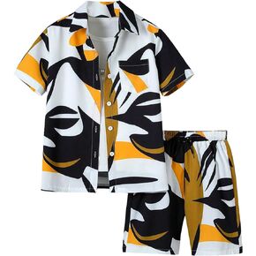 COZYEASE Boy's 2 Pieces Outfits Graphic Print Short Sleeve Collar Neck Button Down Shirt Top and Shorts Set