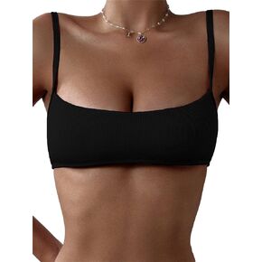 WDIRARA Women's Ribbed Knit Spaghetti Strap Bikini Top Wireless Bra Solid Swim Tops