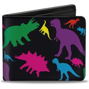 Buckle-Down Men's Wallet, Bifold, Dinosaur Silhouette Black Multi Color, Vegan Leather, 4.0" x 3.5"