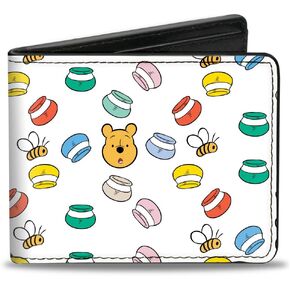 Buckle-Down Men's Disney Wallet, Bifold, Winnie The Pooh Face Bee Honey Pots Scattered White, Vegan Leather, 4.0" x 3.5"