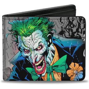 Buckle-Down Men's DC Comics Wallet, Bifold, Joker Smiling Gun Bang Alley Pose Close Up, Vegan Leather, 4.0" x 3.5"