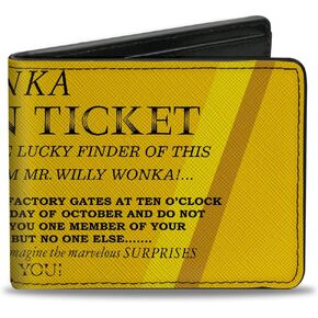 Buckle-Down Movies Wallet, Bifold, Willy Wonka and the Chocolate Factory Golden Ticket Text Yellows, Vegan Leather
