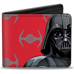 Buckle-Down Star Wars Wallet, Bifold, Star Wars Darth Vader Pose and TIE Fighter Icon Red Gray, Vegan Leather