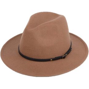 Women Wool Fedora Hat with Belt Buckle Classic Felt Wide Brim Panama Hat