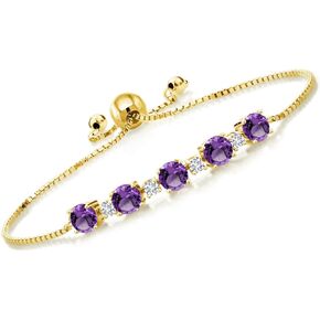 Gem Stone King 2.64 Ct Purple Amethyst G-H Lab Grown Diamond 18K Yellow Gold Plated Silver Tennis Bracelet For Women