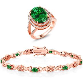 Gem Stone King 7.89 Ct Oval Green Created Emerald 18K Rose Gold Plated Silver Ring and Bracelet Jewelry Set